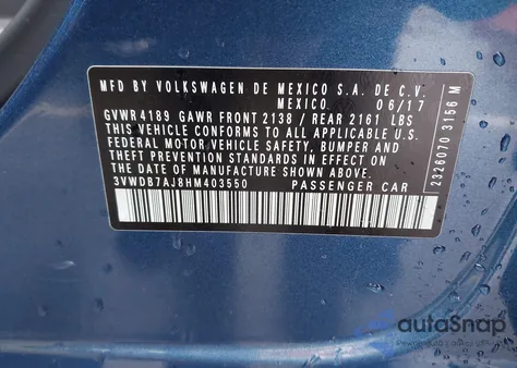 2017 Volkswagen Jetta 1.4T Se z USA, uszkodzony, nr VIN 3VWDB7AJ8HM403550